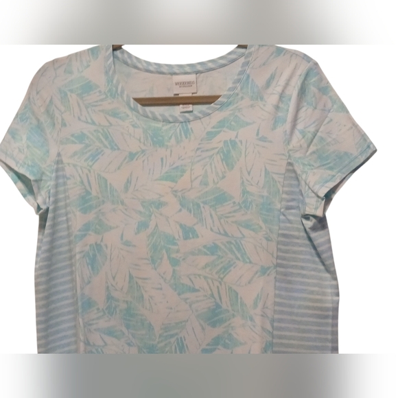 Chico's. - NWT, Turquoise & White Floral Design, Short Sleeve,Round Neck, Size 1 - Picture 4 of 11